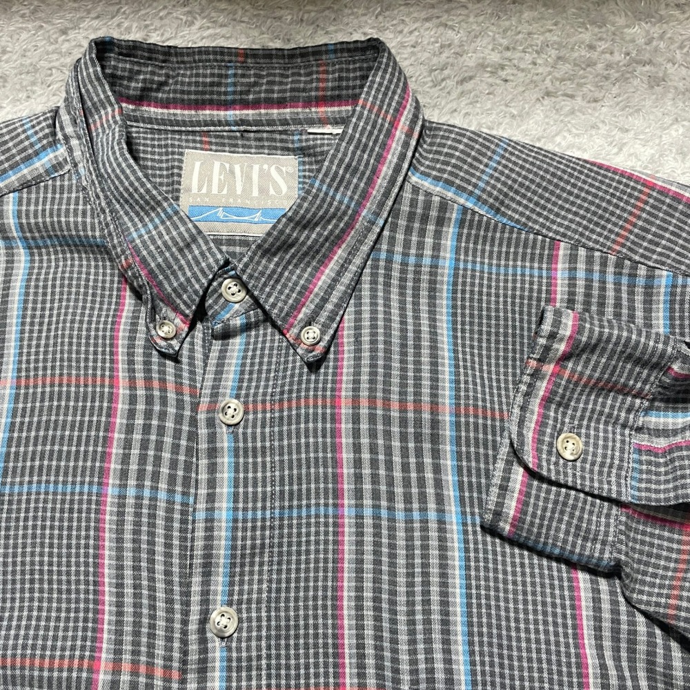 Levis Mens Plaid Button Down Shirt Grey Blue Pink Long Sleeve Large